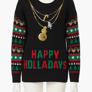 Black Holiday Sweater with Gold and Green Accents